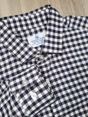 Mizzen+Main Black and White Gingham Button-Down Shirt Mens L Tall Trim Fit Ls